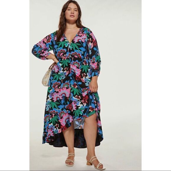 NEW Anthropologe Maeve Ruched V-Neck Black Floral High-Low Maxi Dress Size 14 - Picture 4 of 10